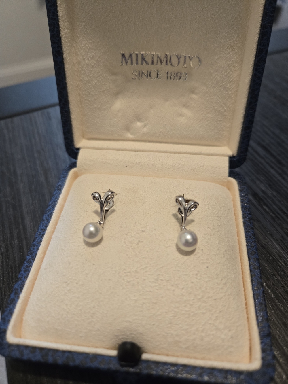Mikimoto Silver Floral Stem White Pearl Drop Earrings